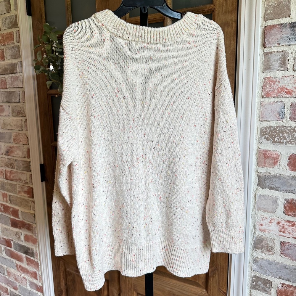 Old Navy Sweater Women 2X Cream Confetti Speckled V-Neck Oversized Tunic Knit‎ - Picture 2 of 9